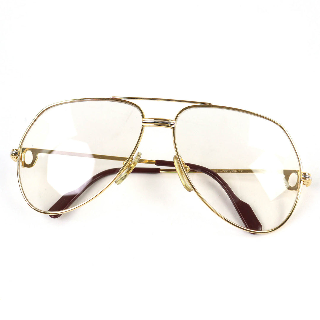 美品△Cartier カルティエ ヴィンテージ ー トリニティ ツーブリッジ メガネ 眼鏡 アイウェア ゴールド ボルドー フランス製 メンズ