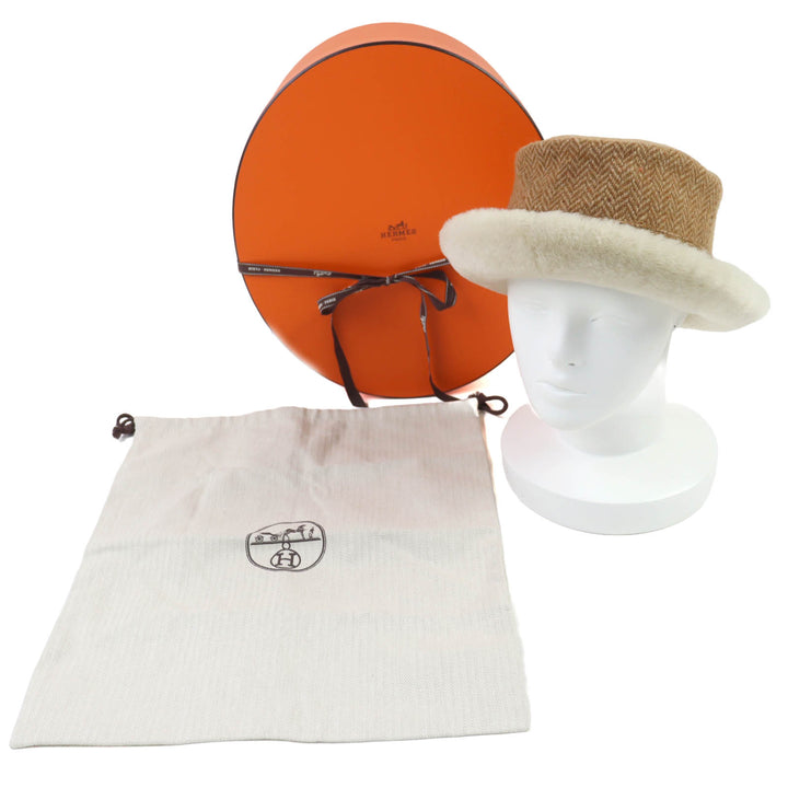 極美品◇HERMES エルメス ヘリンボーン柄 ウール カシミヤ シープスキン使い ボアハット ブラウン 57 箱・保存袋付き フランス製 正規品