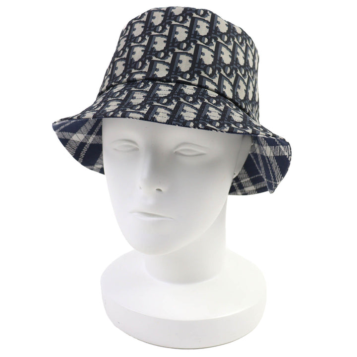美品△DIOR ディオール オム 14CHE923I134 コットン オブリーク チェック柄 リバーシブル バケットハット 帽子 ネイビー 58 伊製 正規品