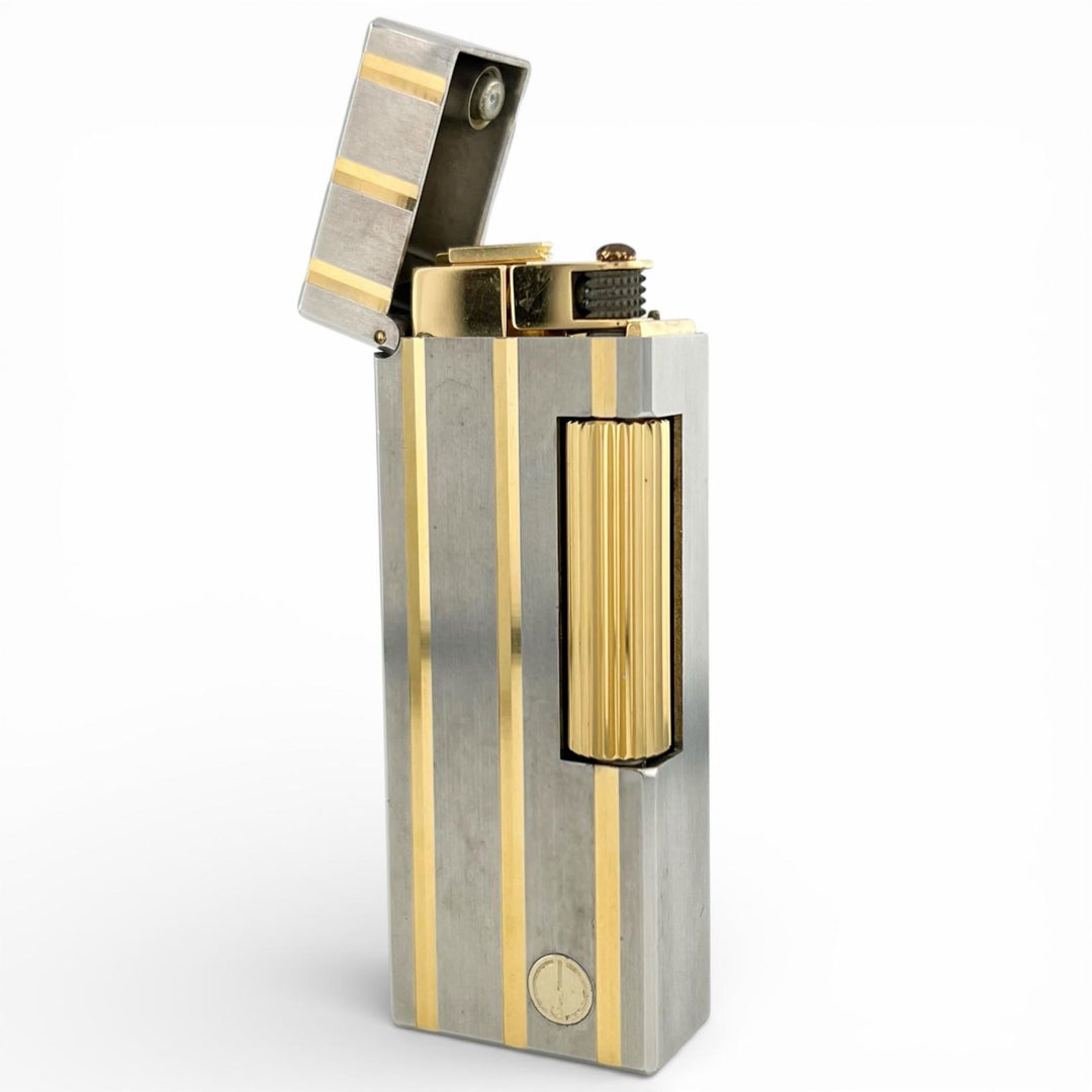 良品▲Dunhill ダンヒル スクエア ストライプ柄 ローラー式 喫煙具 ガス ライター シルバー ゴールド スイス製 メンズ 着火確認済み