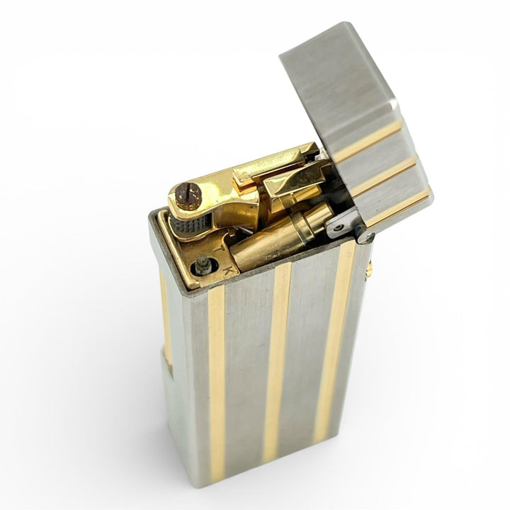 良品▲Dunhill ダンヒル スクエア ストライプ柄 ローラー式 喫煙具 ガス ライター シルバー ゴールド スイス製 メンズ 着火確認済み