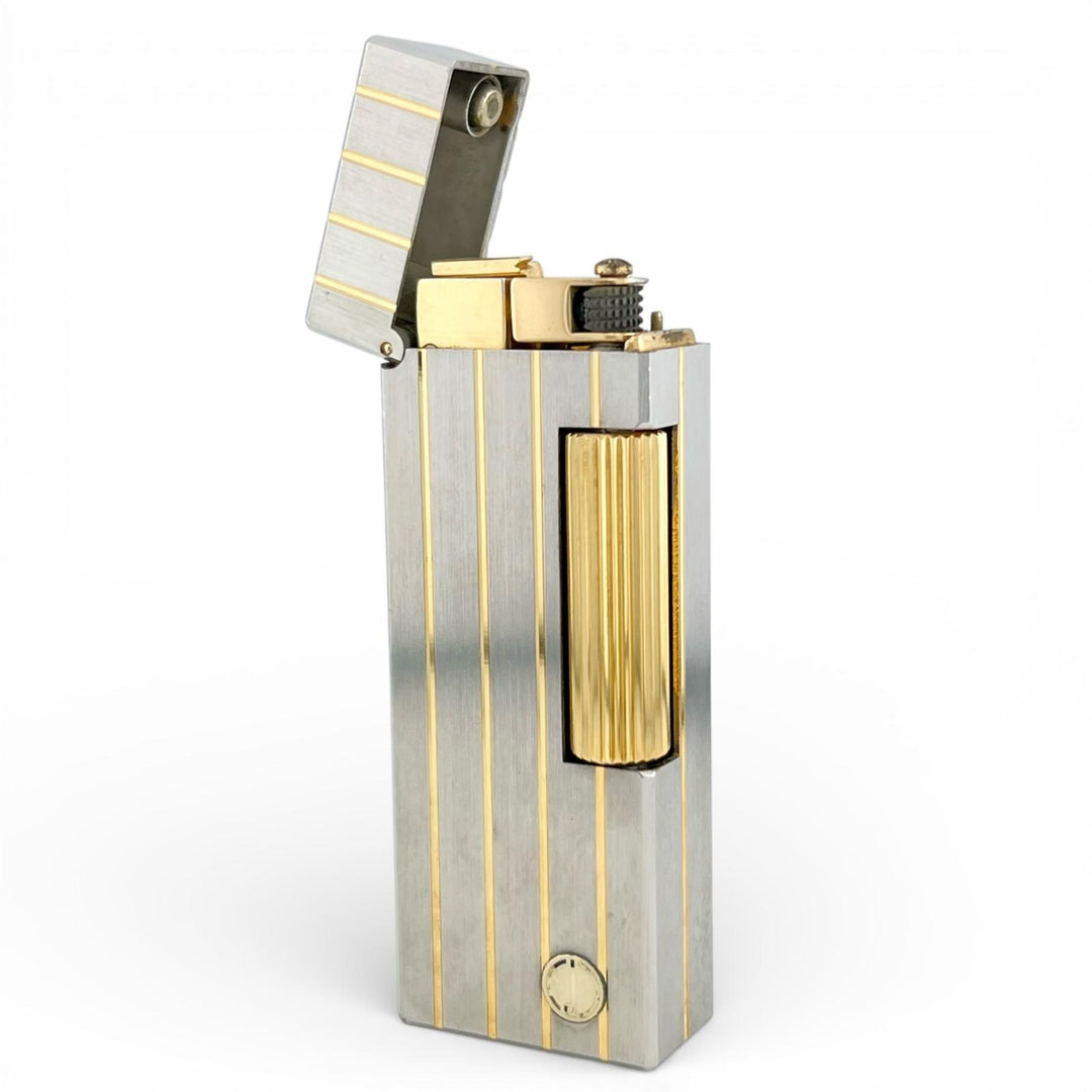 良品▲Dunhill ダンヒル スクエア ストライプ柄 ローラー式 喫煙具 ガス ライター シルバー ゴールド スイス製 メンズ 着火確認済み
