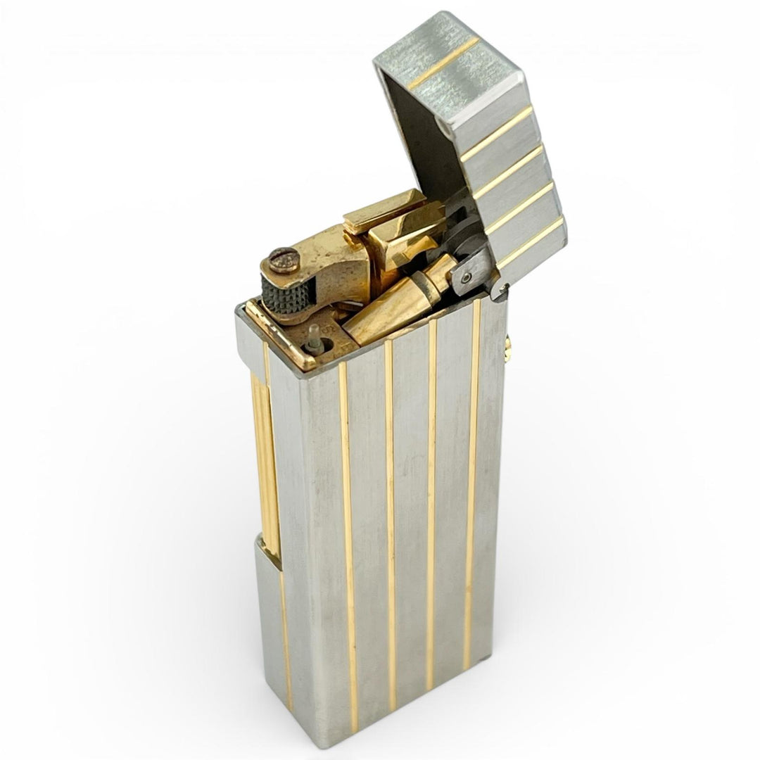 良品▲Dunhill ダンヒル スクエア ストライプ柄 ローラー式 喫煙具 ガス ライター シルバー ゴールド スイス製 メンズ 着火確認済み