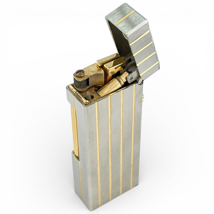 良品▲Dunhill ダンヒル スクエア ストライプ柄 ローラー式 喫煙具 ガス ライター シルバー ゴールド スイス製 メンズ 着火確認済み