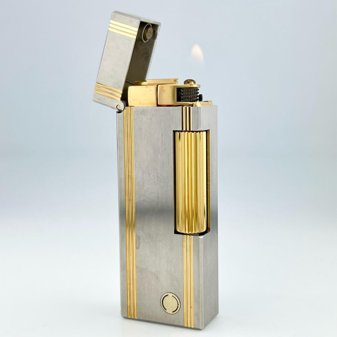良品▲Dunhill ダンヒル スクエア ストライプ柄 ローラー式 喫煙具 ガス ライター シルバー ゴールド スイス製 メンズ 着火確認済み
