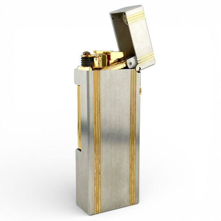 良品▲Dunhill ダンヒル スクエア ストライプ柄 ローラー式 喫煙具 ガス ライター シルバー ゴールド スイス製 メンズ 着火確認済み