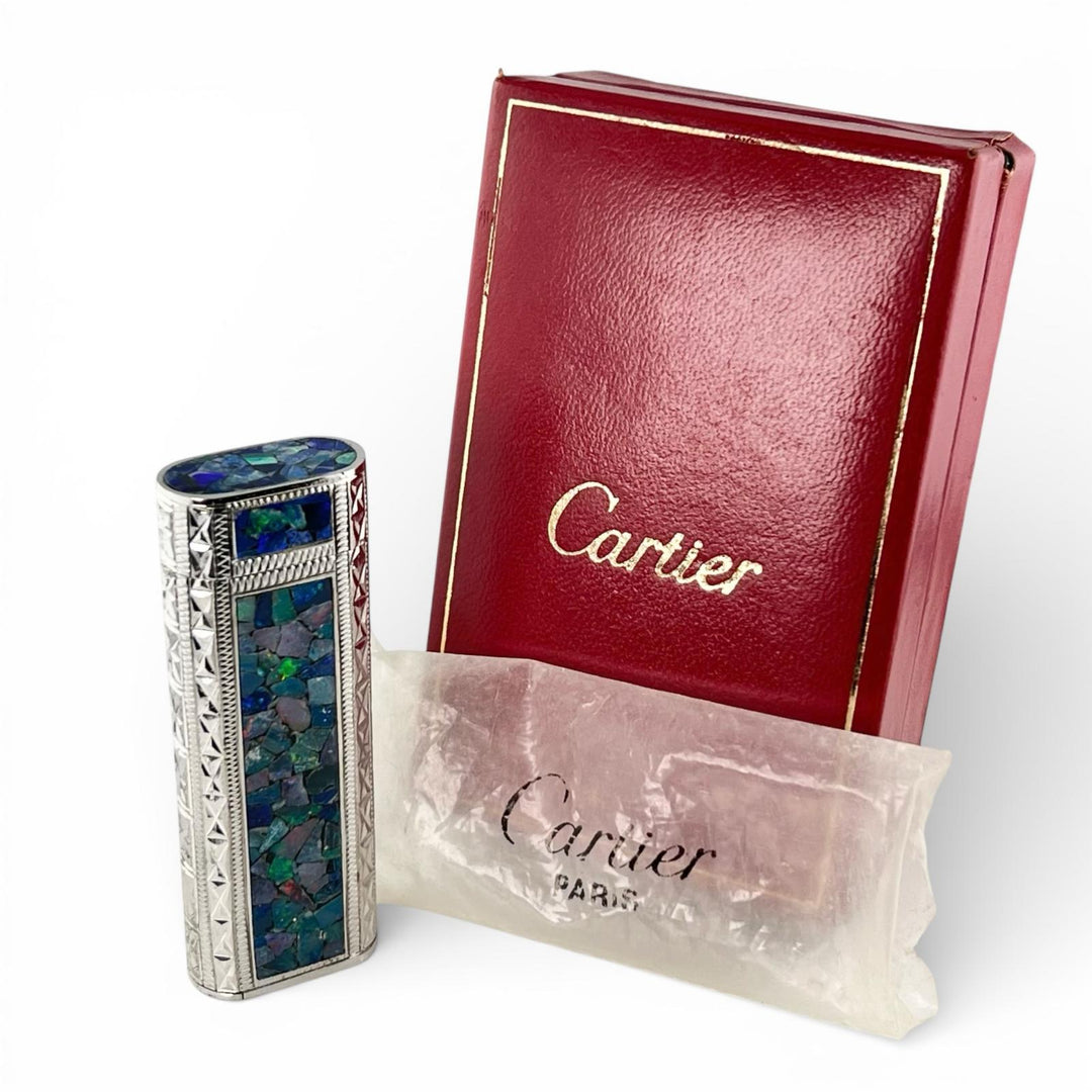 極美品▲Cartier カルティエ アウタージャケット モザイク オーバル ローラー式 ガス ライター シルバー ケース付き メンズ 着火確認済み