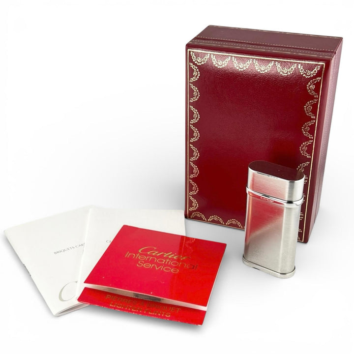 外装美品▲Cartier カルティエ ゴドロン ヘアライン ローラー式 喫煙具 ガス ライター シルバー ケース付き スイス製 メンズ