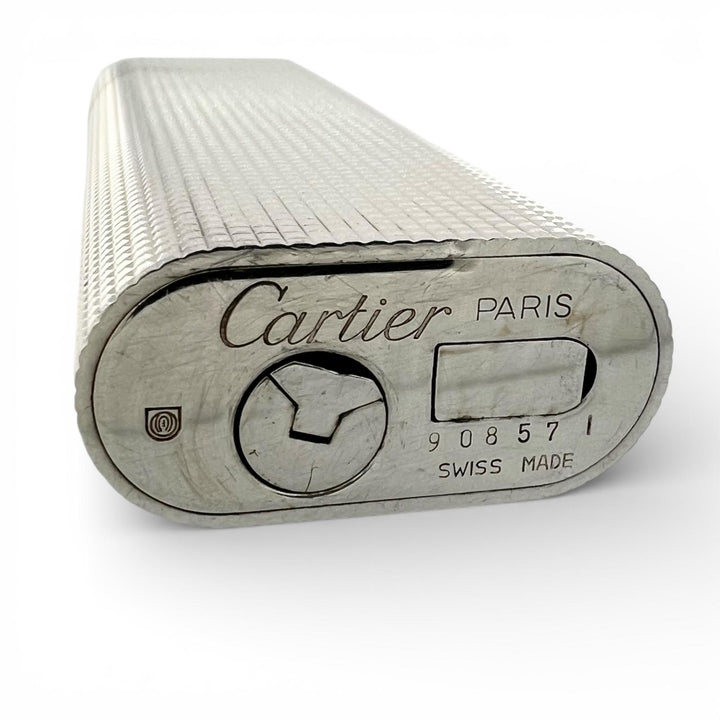 美品▲Cartier カルティエ オーバル ブロックチェック柄 ローラー式 ガスライター シルバー ケース付き スイス製 メンズ 着火確認済み