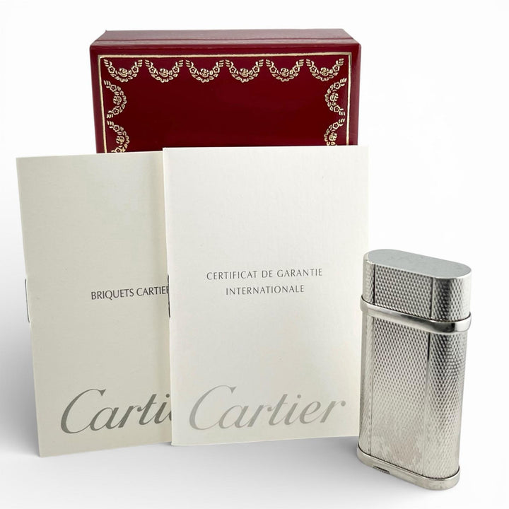 良品▲Cartier カルティエ ゴドロン 総柄 ローラー式 喫煙具 ガス ライター シルバー ケース付き スイス製 メンズ 着火確認済み