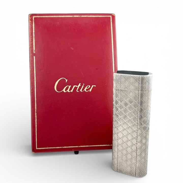 美品▲Cartier カルティエ オーバル ハニカム 総柄 ローラー式 喫煙具 ガス ライター シルバー ケース付き メンズ 着火確認済み