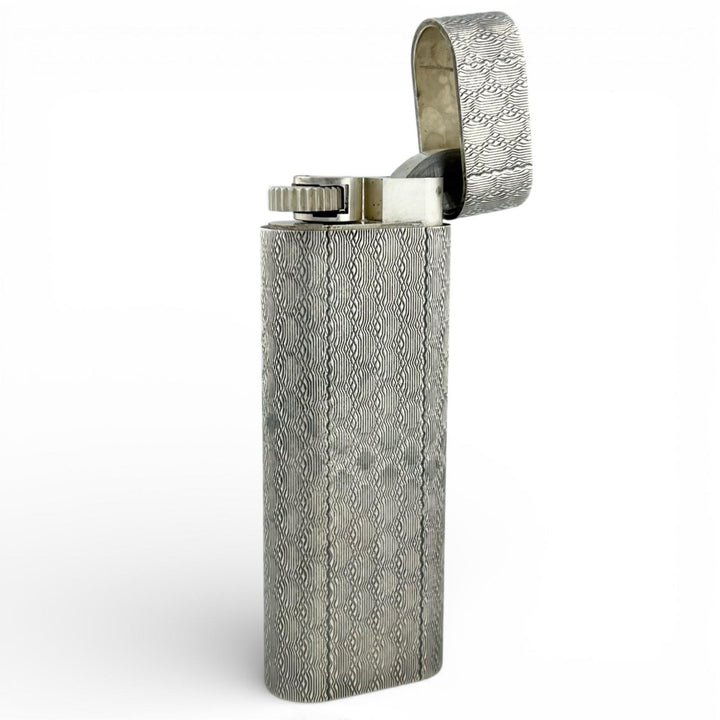 美品▲Cartier カルティエ オーバル ハニカム 総柄 ローラー式 喫煙具 ガス ライター シルバー ケース付き メンズ 着火確認済み