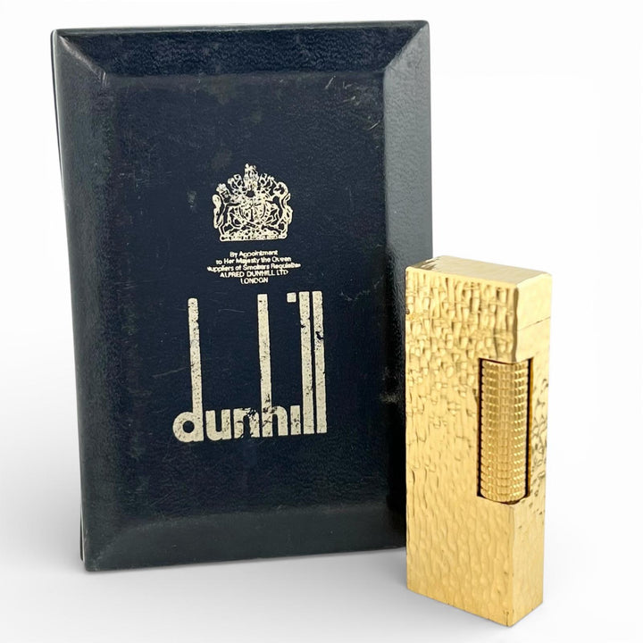 美品▲Dunhill ダンヒル スクエア 総柄 ローラー式 喫煙具 ガス ライター ゴールド ケース付き スイス製 メンズ 着火確認済み
