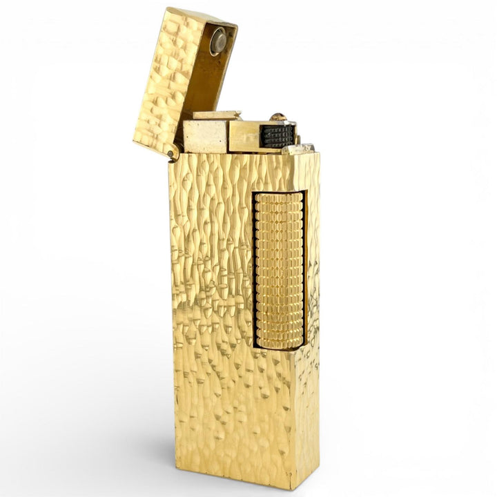 美品▲Dunhill ダンヒル スクエア 総柄 ローラー式 喫煙具 ガス ライター ゴールド ケース付き スイス製 メンズ 着火確認済み