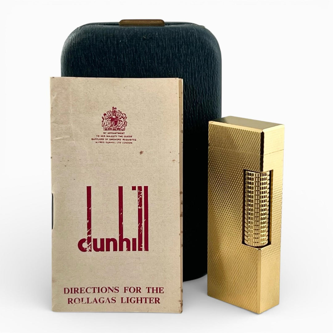 美品▲Dunhill ダンヒル スクエア ダイヤモンドカット 総柄 ローラー式 ガスライター ゴールド ケース付き スイス製 メンズ 着火確認済み