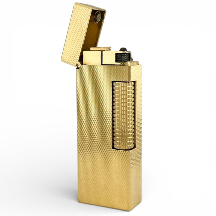 美品▲Dunhill ダンヒル スクエア ダイヤモンドカット 総柄 ローラー式 ガスライター ゴールド ケース付き スイス製 メンズ 着火確認済み