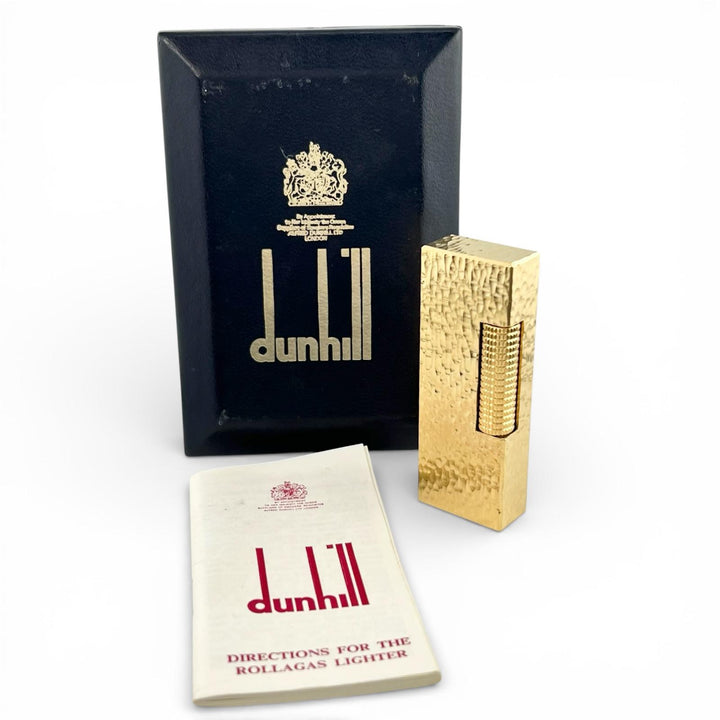 美品▲Dunhill ダンヒル スクエア 総柄 ハンマード加工 ローラー式 ガス ライター ゴールド ケース付き スイス製 メンズ 着火確認済み