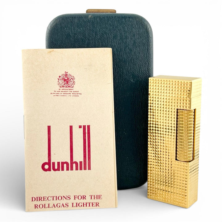 美品▲Dunhill ダンヒル スクエア ダイヤモンド柄 ローラー式 喫煙具 ガス ライター ゴールド ケース付き スイス製 メンズ 着火確認済み