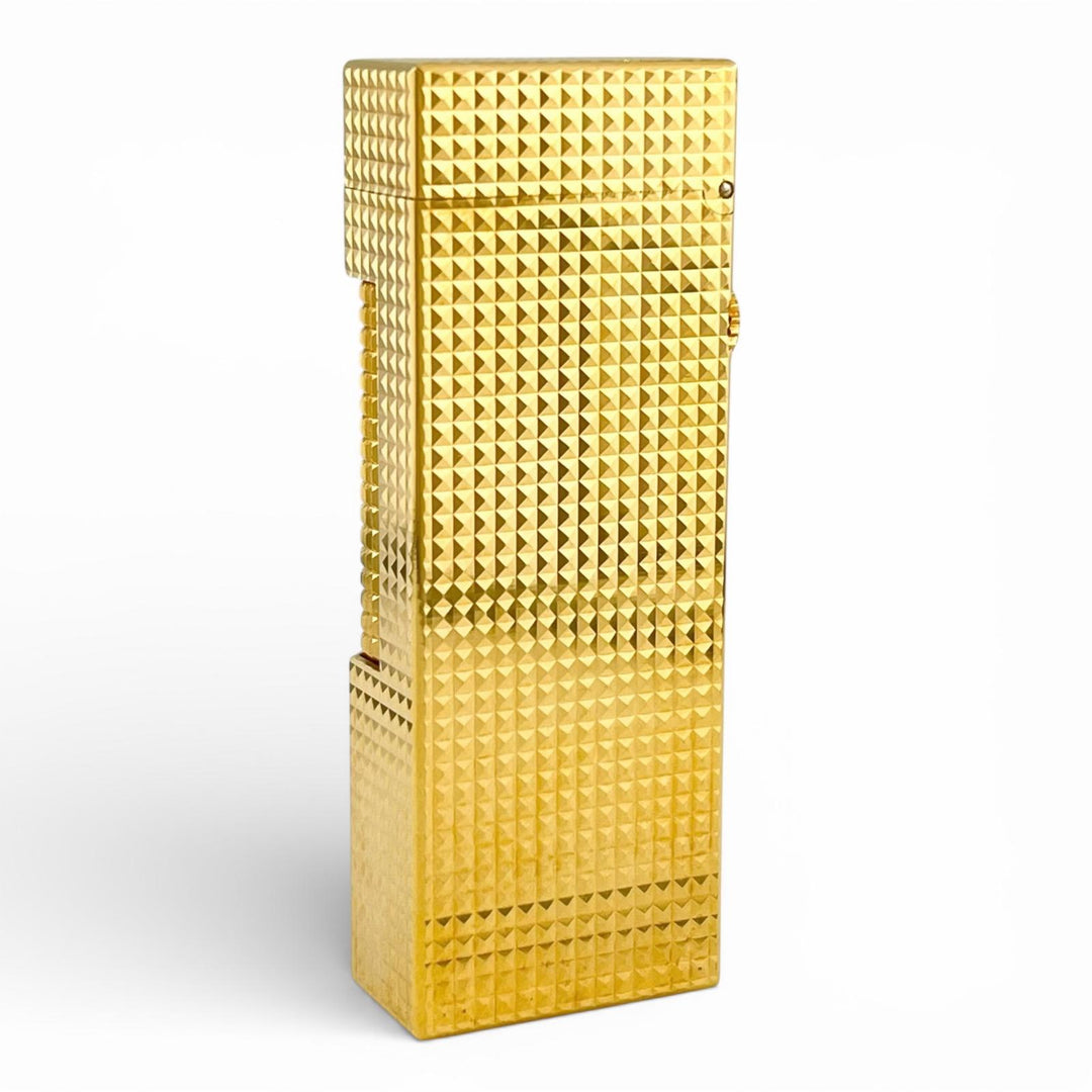 美品▲Dunhill ダンヒル スクエア ダイヤモンド柄 ローラー式 喫煙具 ガス ライター ゴールド ケース付き スイス製 メンズ 着火確認済み