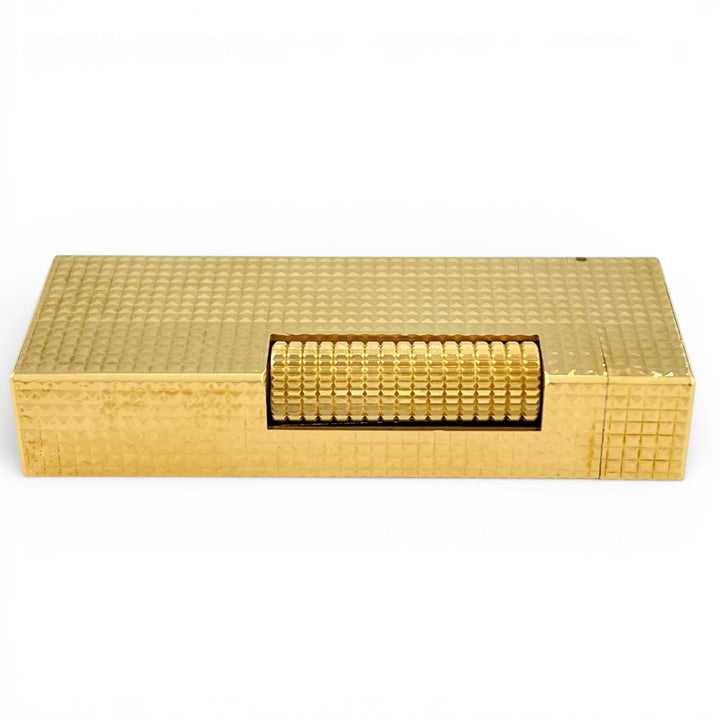 美品▲Dunhill ダンヒル スクエア ダイヤモンド柄 ローラー式 喫煙具 ガス ライター ゴールド ケース付き スイス製 メンズ 着火確認済み