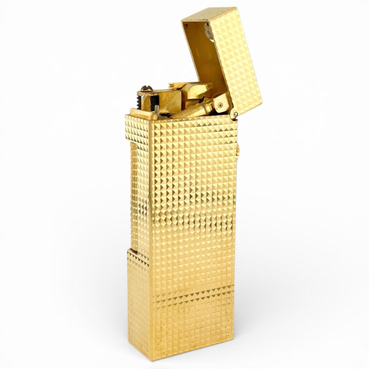 美品▲Dunhill ダンヒル スクエア ダイヤモンド柄 ローラー式 喫煙具 ガス ライター ゴールド ケース付き スイス製 メンズ 着火確認済み