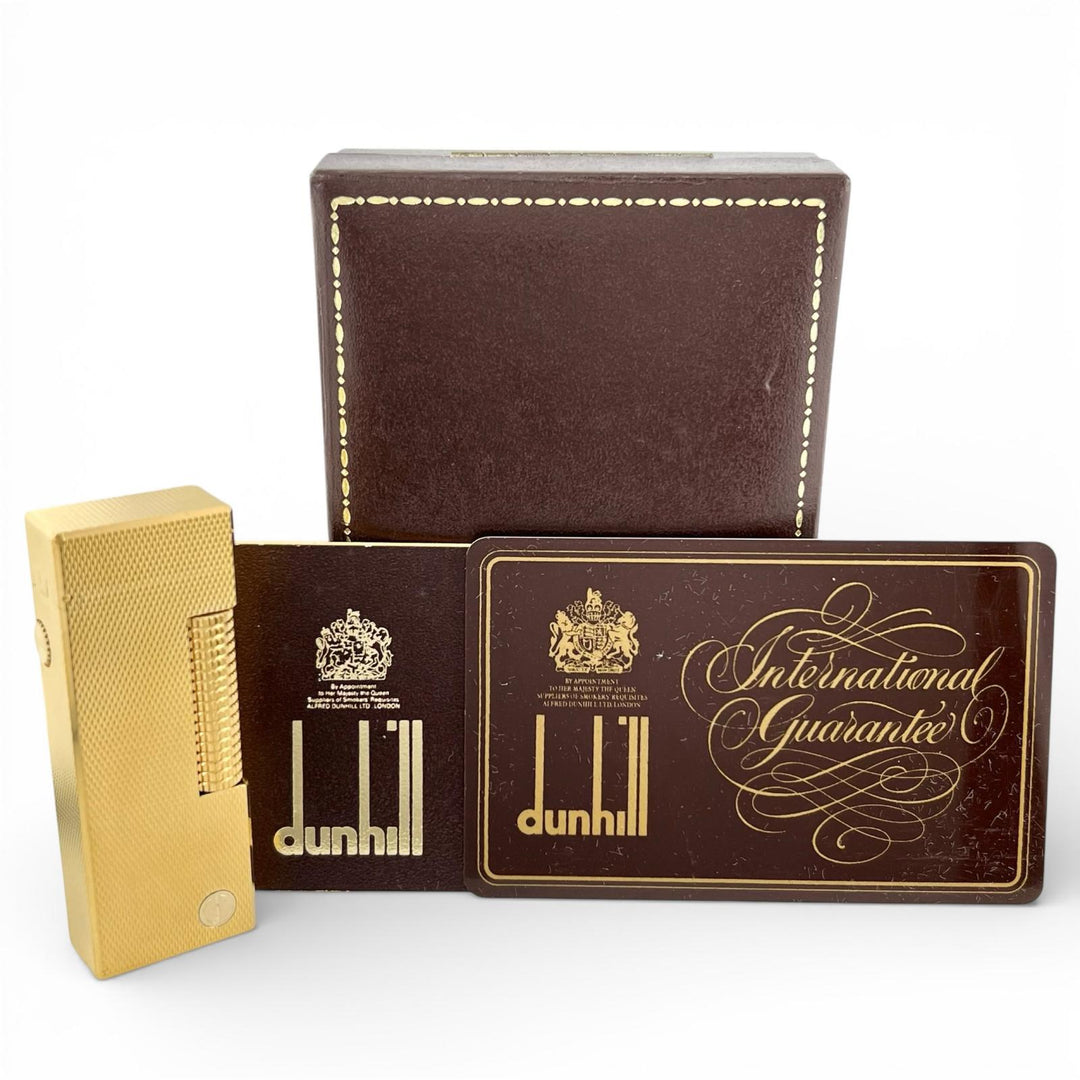 美品▲Dunhill ダンヒル スクエア 総柄 ローラー式 喫煙具 ガス ライター ゴールド ケース付き スイス製 メンズ 着火確認済み