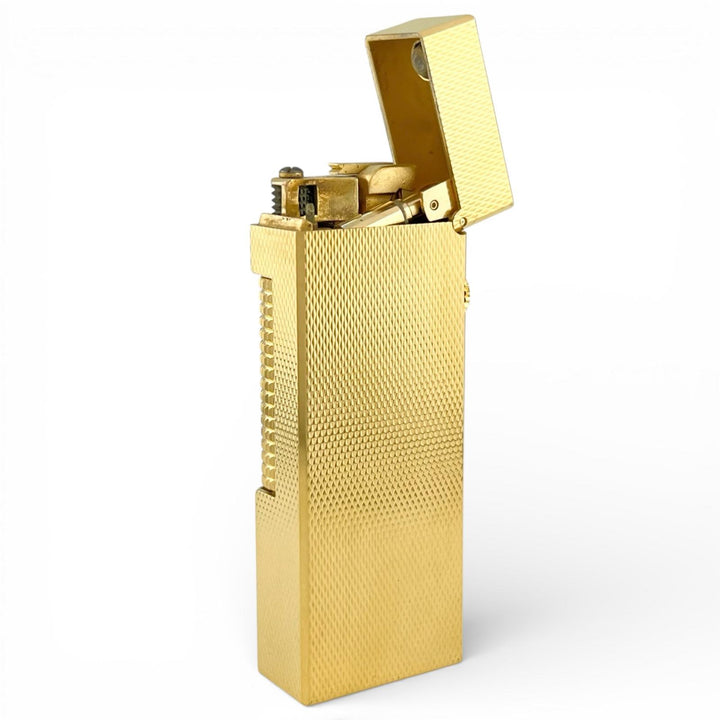 美品▲Dunhill ダンヒル スクエア 総柄 ローラー式 喫煙具 ガス ライター ゴールド ケース付き スイス製 メンズ 着火確認済み