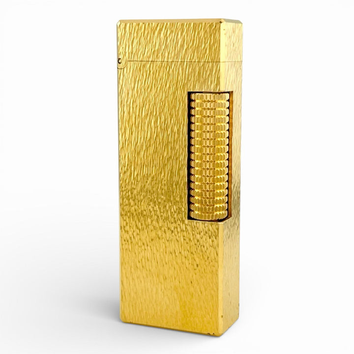 美品▲Dunhill ダンヒル スクエア 総柄 ローラー式 喫煙具 ガス ライター ゴールド ケース付き スイス製 メンズ 着火確認済み