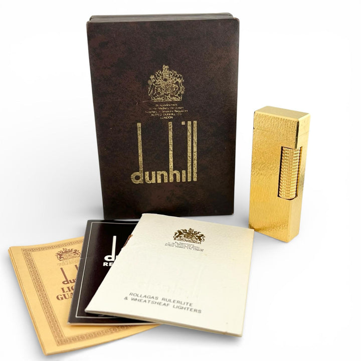美品▲Dunhill ダンヒル スクエア 総柄 ローラー式 喫煙具 ガス ライター ゴールド ケース付き スイス製 メンズ 着火確認済み