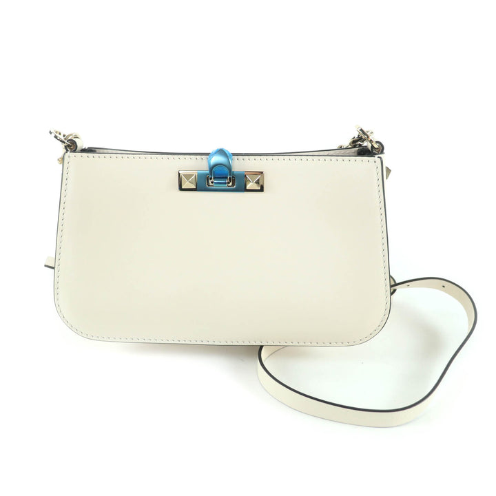 極美品★Valentino Garavani ヴァレンティノガラヴァーニ 3W5B0Q57XJB ロックスタッズ レザー ショルダーバッグ アイボリー ゴールド金具