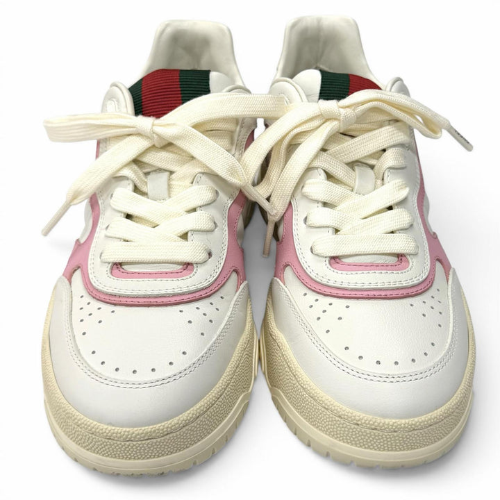 美品★GUCCI グッチ 785728 リウェブ ロゴ刺繍入り レースアップ レザー スニーカー ホワイト ピンク 36.5 伊製 レディース 定価168300円