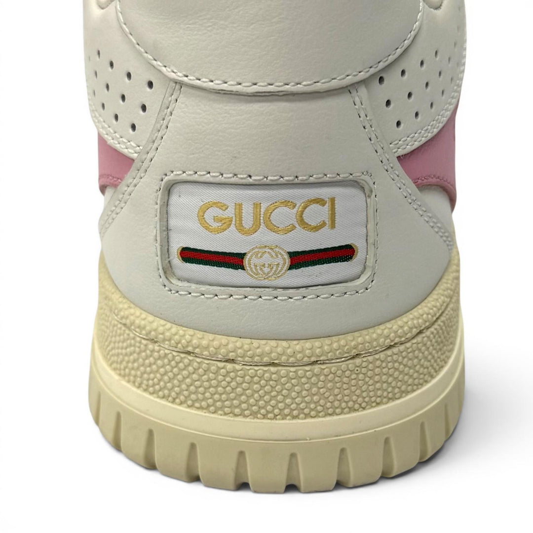 美品★GUCCI グッチ 785728 リウェブ ロゴ刺繍入り レースアップ レザー スニーカー ホワイト ピンク 36.5 伊製 レディース 定価168300円