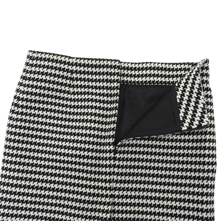 極美品▲BALENCIAGA バレンシアガ 528505 ウール ロゴプレート ハウンドトゥース タイトスカート 黒 白 36 イタリア製 正規品 レディース