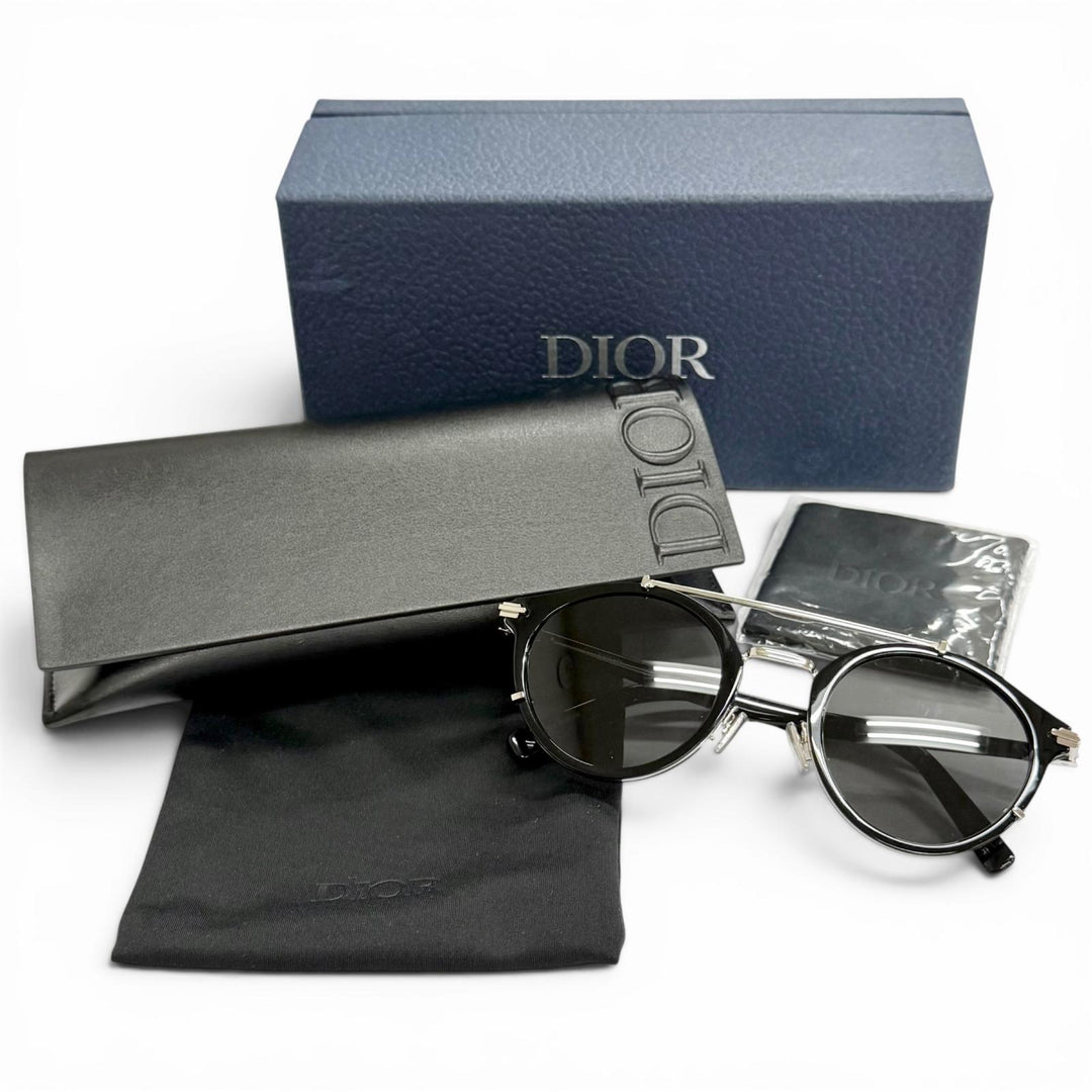 美品△DIOR ディオール オム SUITR7UOR DiorBlacksuit R7U パントス ツーブリッジ ラウンド サングラス 現行品 黒 シルバー 52□23 145