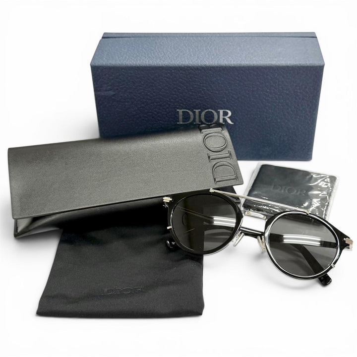 美品△DIOR ディオール オム SUITR7UOR DiorBlacksuit R7U パントス ツーブリッジ ラウンド サングラス 現行品 黒 シルバー 52□23 145
