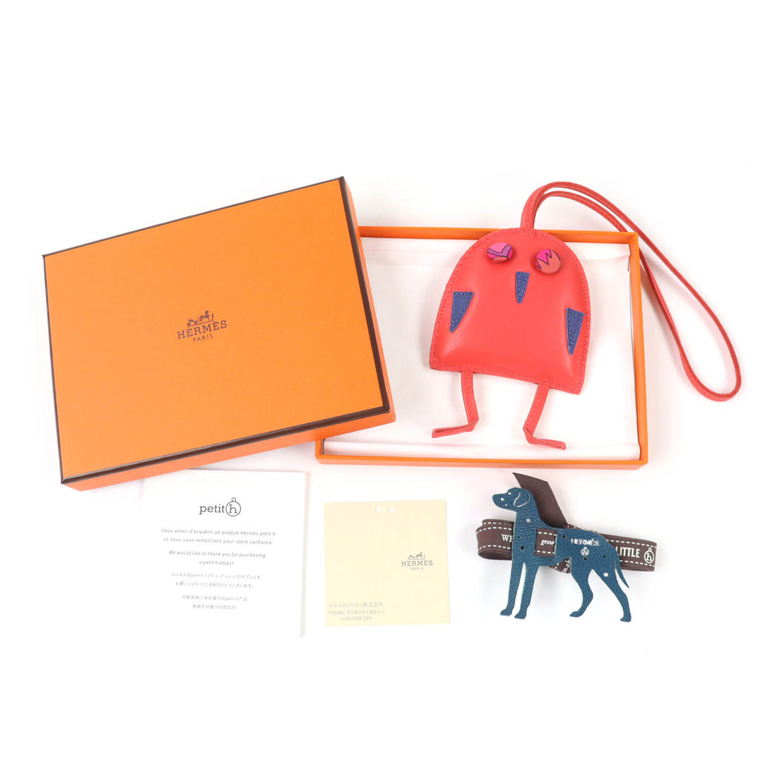 極美品☆HERMES エルメス Petit H プティアッシュ フクロウ レザー バッグチャーム オーナメント レッド系 箱付き フランス製 レディース