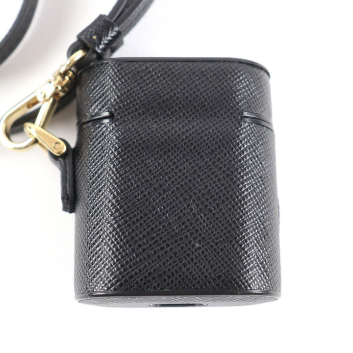 極美品★PRADA プラダ 1ZD002 サフィアーノレザー ストラップ付 トライアングルロゴ Airpodsd エアポッズ ケース ブラック レディース