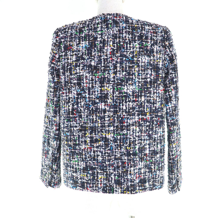 未使用品★CHANEL シャネル P62686 裏地シルク100％ ココマークボタン付 ミックスツイード フリル ノーカラージャケット マルチ 34 仏製