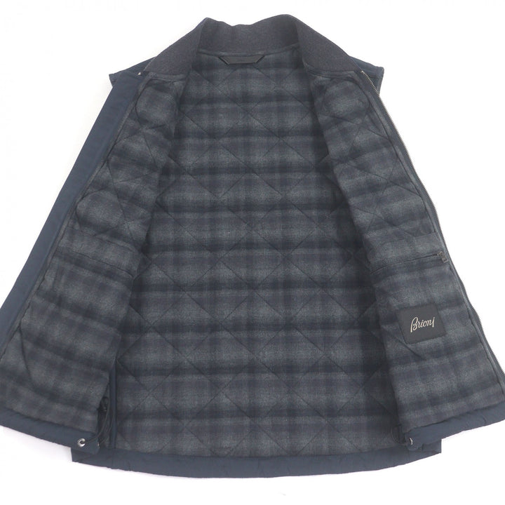 美品□Brioni ブリオーニ シルク混 裏チェック柄 中綿 キルティングベスト パファー ベスト ジレ ネイビー M イタリア製 正規品 メンズ