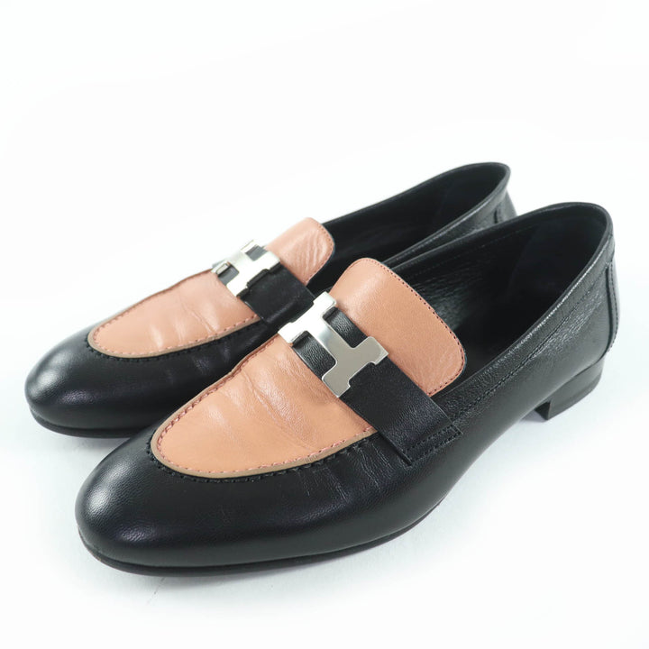 美品☆HERMES エルメス 17208Z モカシン パリ シルバー金具 H金具 レザー ローファー ブラック ベージュ系 37 イタリア製 レディース