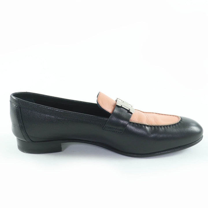 美品☆HERMES エルメス 17208Z モカシン パリ シルバー金具 H金具 レザー ローファー ブラック ベージュ系 37 イタリア製 レディース