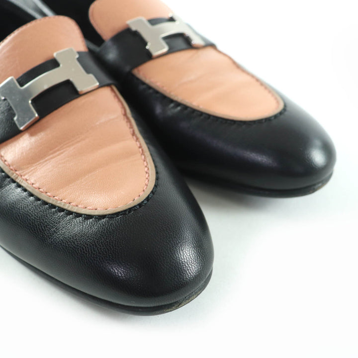 美品☆HERMES エルメス 17208Z モカシン パリ シルバー金具 H金具 レザー ローファー ブラック ベージュ系 37 イタリア製 レディース