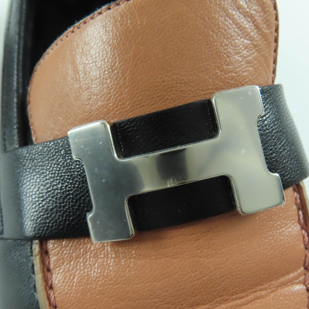 美品☆HERMES エルメス 17208Z モカシン パリ シルバー金具 H金具 レザー ローファー ブラック ベージュ系 37 イタリア製 レディース