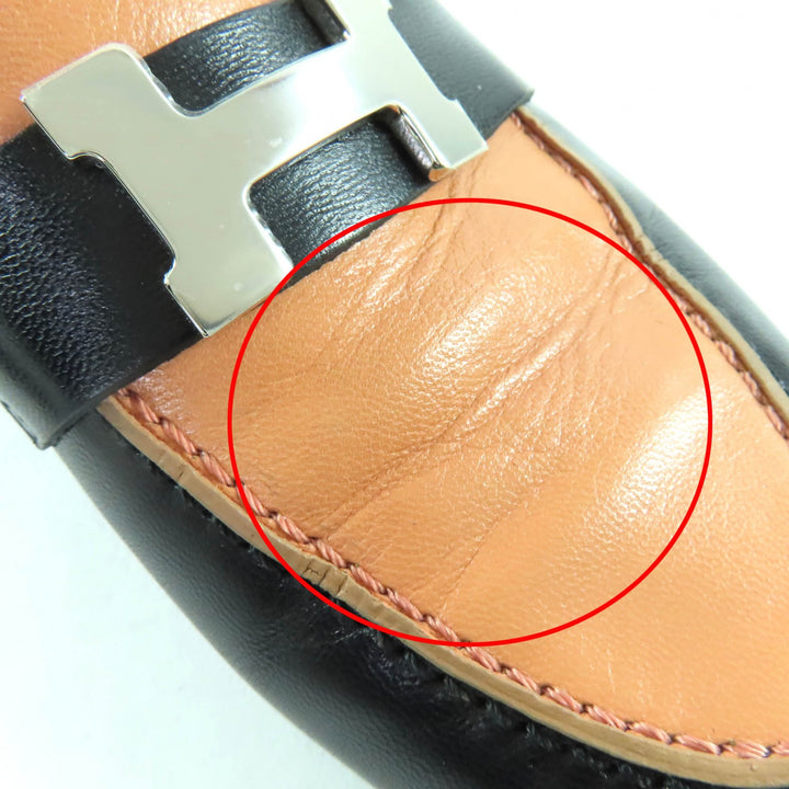 美品☆HERMES エルメス 17208Z モカシン パリ シルバー金具 H金具 レザー ローファー ブラック ベージュ系 37 イタリア製 レディース