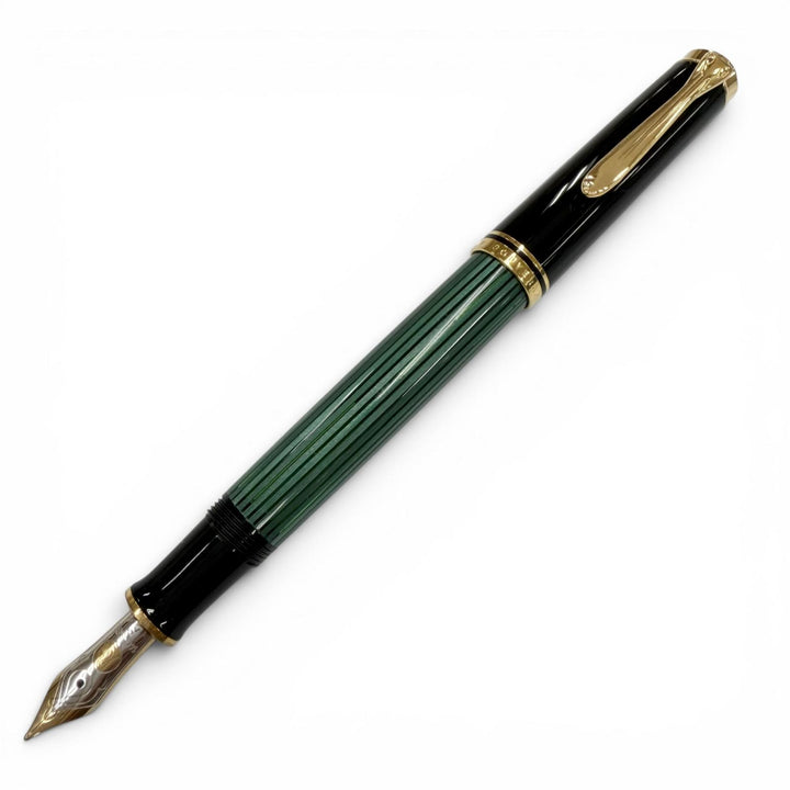 極美品▼PERIKAN ペリカン スーベレーン M400 ペン先14K Fニブ 現行品 万年筆 グリーンストライプ ブラック ゴールド ドイツ製 メンズ
