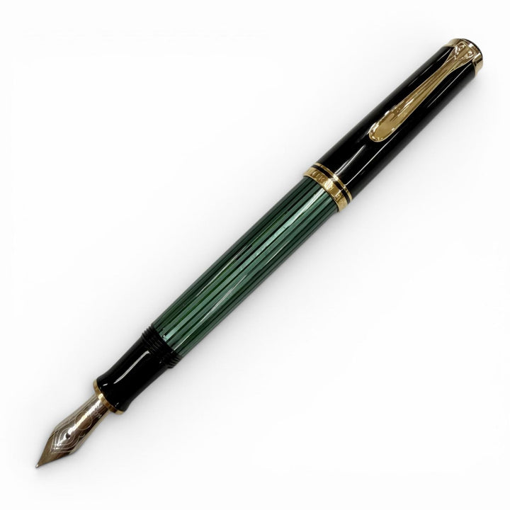極美品▼PERIKAN ペリカン スーベレーン M400 ペン先14K Fニブ グリーンストライプ 万年筆 ブラック ゴールド ドイツ製 メンズ