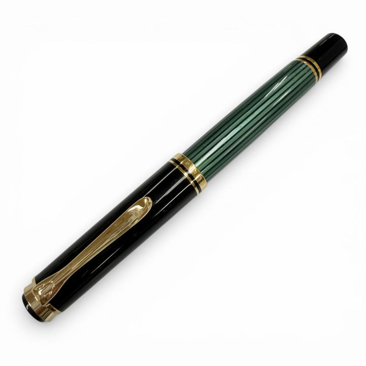極美品▼PERIKAN ペリカン スーベレーン M400 ペン先14K Fニブ グリーンストライプ 万年筆 ブラック ゴールド ドイツ製 メンズ