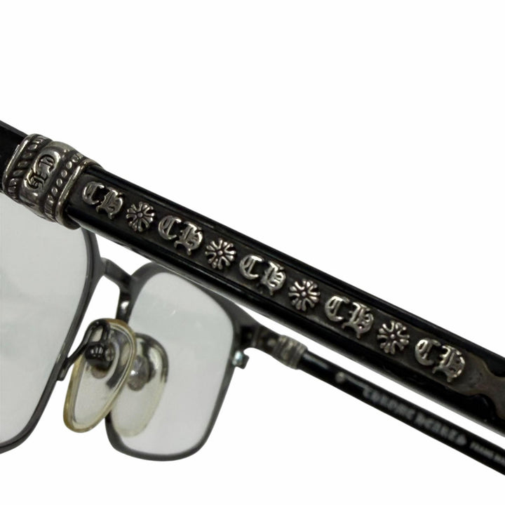 美品▼CHROME HEARTS クロムハーツ GROWLER 1 925 メガネ 眼鏡 アイウェア ブラック シルバー 56□19-144 度入り ケース付 総重量37.32g