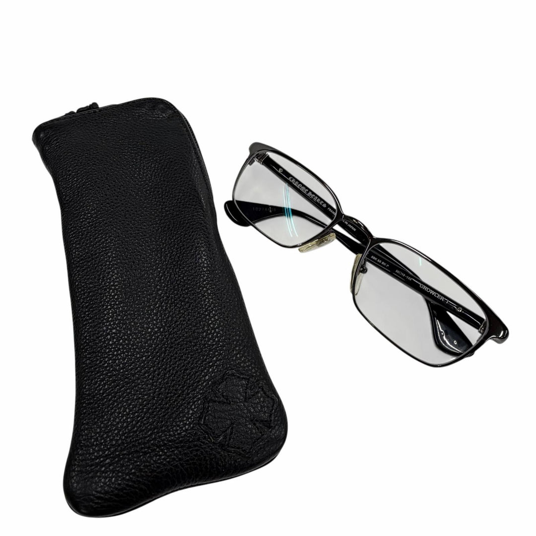 美品▼CHROME HEARTS クロムハーツ GROWLER 1 925 メガネ 眼鏡 アイウェア ブラック シルバー 56□19-144 度入り ケース付 総重量37.32g