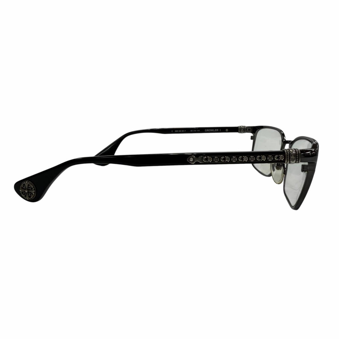美品▼CHROME HEARTS クロムハーツ GROWLER 1 925 メガネ 眼鏡 アイウェア ブラック シルバー 56□19-144 度入り ケース付 総重量37.32g
